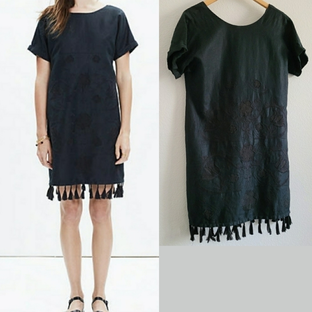 Madewell black linen embroidered fringe dress